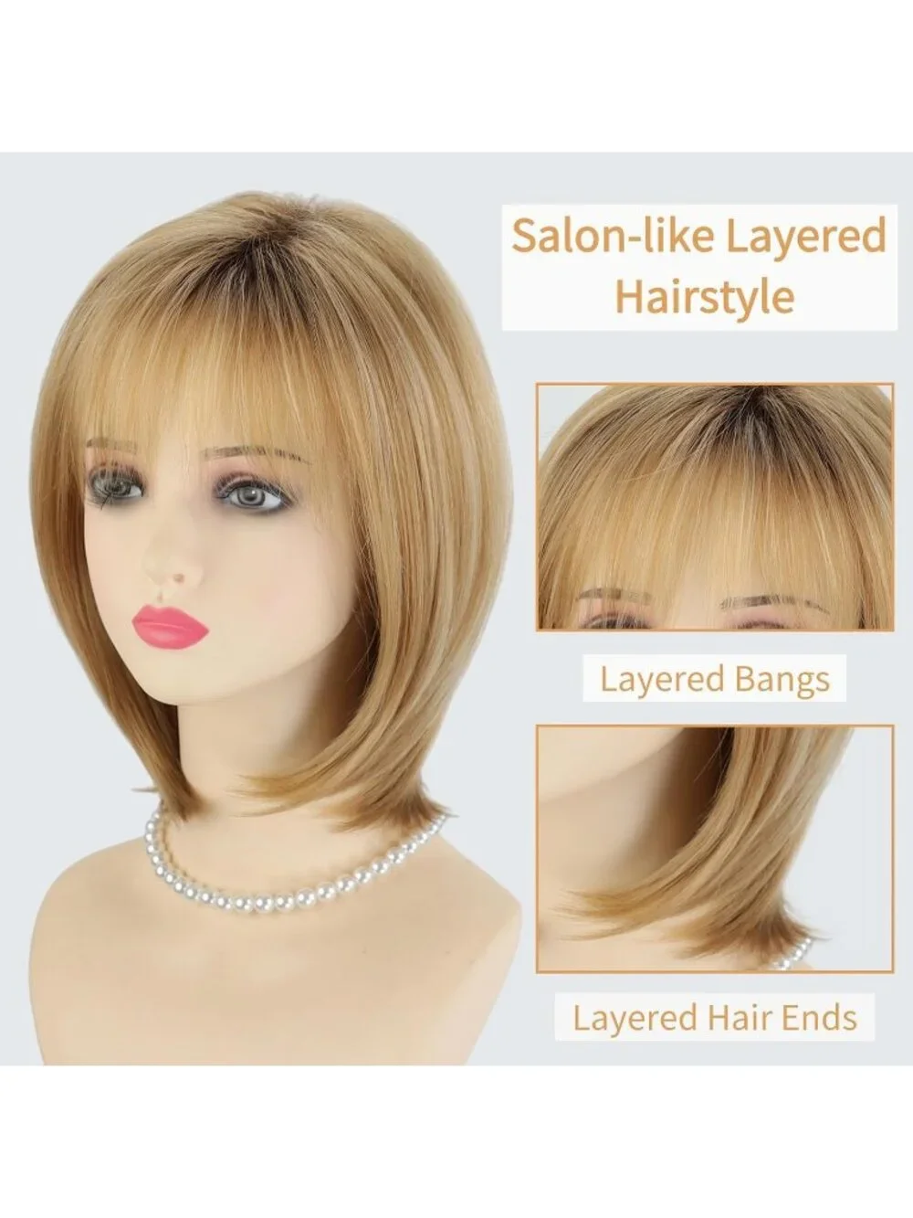Women's Golden Blonde 12 Inch Mid Length Heat Synthetic Straight Layered Bob Wig